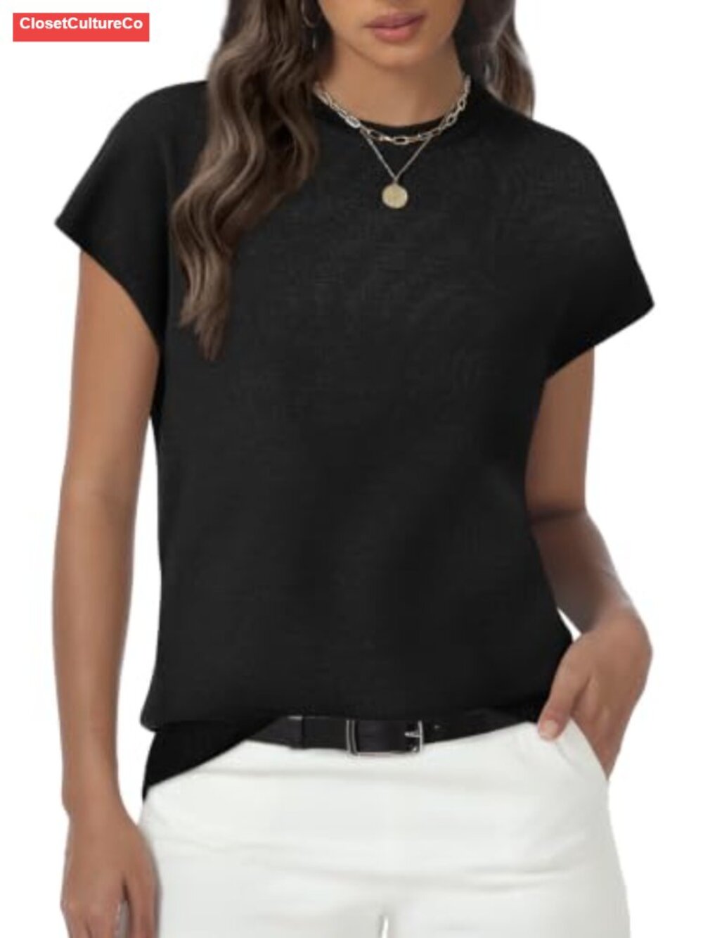 Womens Cap Sleeve Sweater Top Crew Neck Pullover Summer Casual Shirt